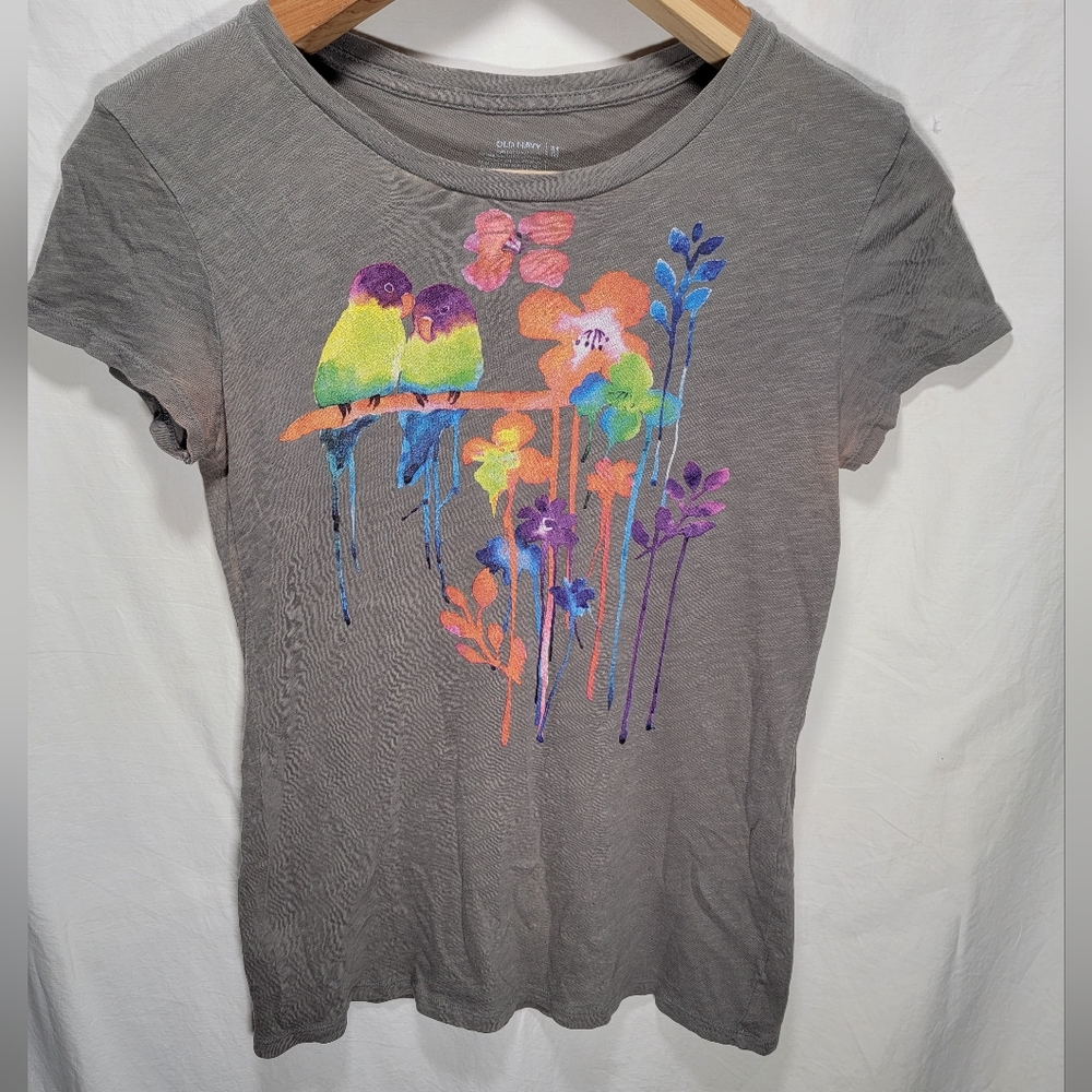 Woman's tropical birds and flowers in a dripping paint design, very beautiful